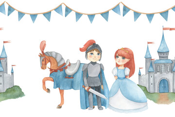 Seamless banner with watercolor illustration of a garland of flags in blue and castle, horse, princess,knight or prince in gray. Hand drawn. For decorating children's room wallpaper