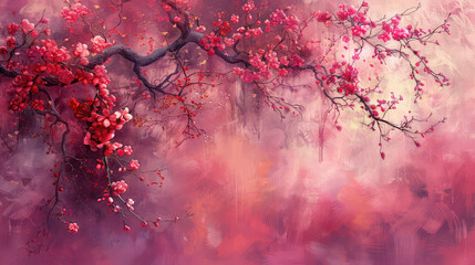 Elegant colorful with vibrant flower hanging branches illustration background. Bright color 3d abstraction wallpaper for interior mural, Generated by AI	