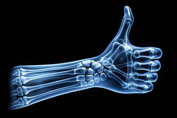 A digital X-ray image of a thumbs-up hand gesture, symbolizing health, wellness, and positivity, with a bright white bone structure on a dark background.
