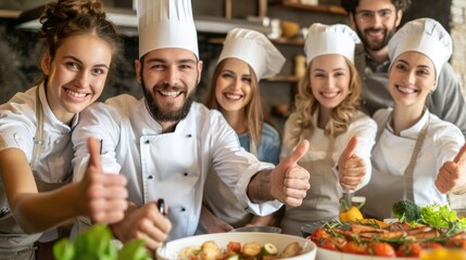 Smiling chef with a thumb up behind a festive dining table full of dishes