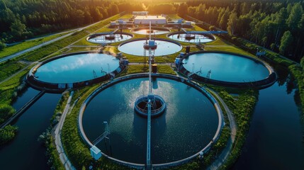 Aerial view of modern water cleaning facility at urban wastewater treatment plant. Water purification tanks