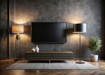 Modern living room interior with sleek floor lamp beside a mounted large screen television on the wall, showcasing a blank dark display against a minimalist backdrop.