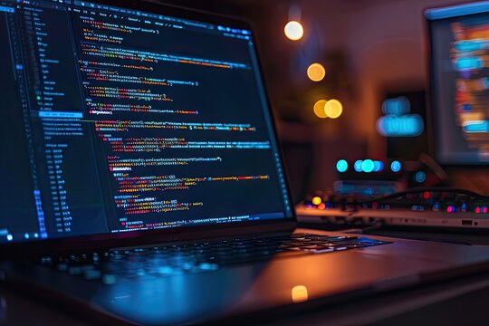 Software, web development, programming concept. Abstract Programming language and program code on screen laptop