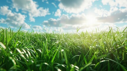 Obraz premium A field of grass with a bright sun shining down on it