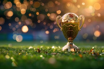 Golden soccer cup reward for victory in football championship on green grass field stadium