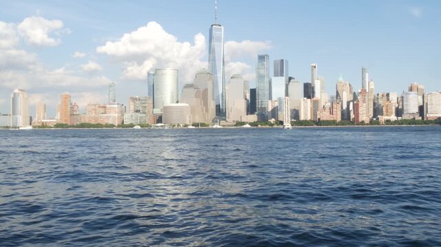 New York City waterfront skyline, Manhattan Downtown Financial district, World Trade Center building, riverfront skyscrapers. From Paulus Hook, New Jersey. United States architecture. Hudson river.