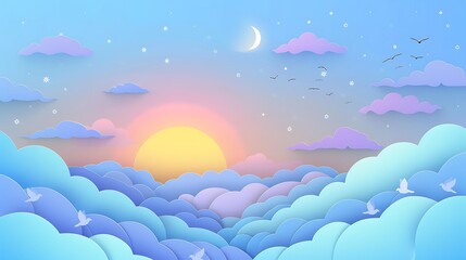 Fototapeta premium A tranquil early evening sky in paper cut style, featuring layers of light blue and lavender clouds, a calm sun setting, birds in tranquil flight.