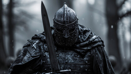A knight in armor holding a sword, ready for battle. The image depicts a historical warrior in a medieval setting, suitable for use in historical, fantasy, and adventure contexts.