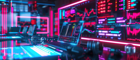Fototapeta premium Explore a vibrant cyberpunk real estate scene featuring neon lights and futuristic holographic transaction boards, perfect for your digital projects.