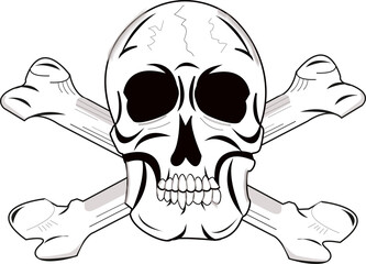 Tête de squelette et deux os se croisant derrière la tête, sur fond blanc	