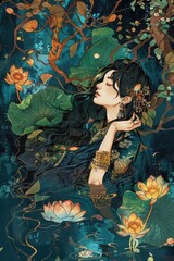 A woman is floating in a pond with a lot of green plants around her