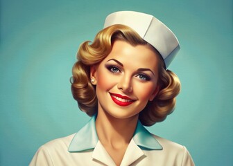 A stylized illustration of a vintage retro 60s pinup nurse on a soft pastel blue solid color background, with copy space, celebrating National Nurses Day nostalgia.