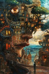 Obraz premium A painting of a city with a man standing on a bridge