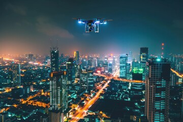 Fototapeta premium high angle view of city scape at night by managing autonomous drone