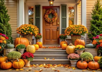 Autumnal charm abounds on this inviting porch, adorned with vibrant pumpkins, lush seasonal flowers, and elegant wreaths, perfect for a cozy Thanksgiving celebration.