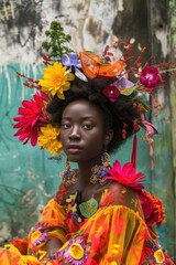 A woman wearing a flowery headdress and a colorful dress