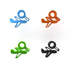 Colorful Airplane search icon isolated on white background. Minimalism concept. 3D render illustration