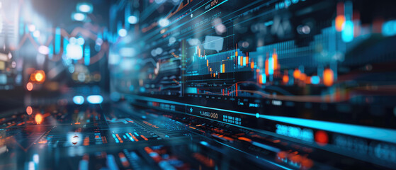 Obraz premium Explore a stunning holographic display showcasing financial growth and asset allocation in blue tones, perfect for tech-focused financial presentations and marketing materials.