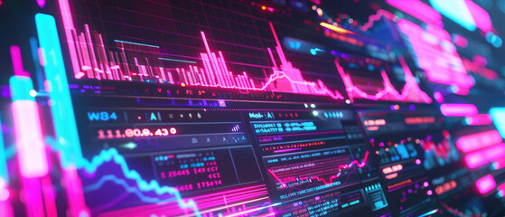 Explore a futuristic 3D depiction of digital financial planning featuring neon colors and sci-fi elements, perfect for tech and finance projects.