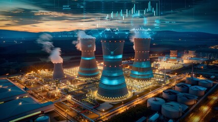 Glowing Twilight EcoIndustrial Complex with Clean Energy Infographics