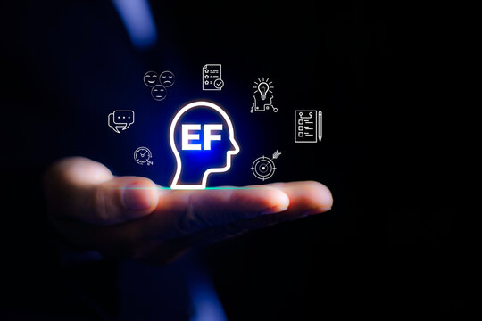 Executive Functions(EF), EF icon on hand. Young children's brain skills It plays an important role in other skills such Working Memory, Inhibitory Control grow with quality and success in life.