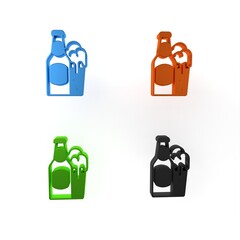 Colorful Beer bottle and glass icon isolated on white background. Alcohol Drink symbol. Minimalism concept. 3D render illustration