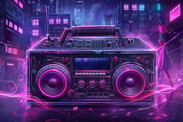 Neon Glow Retro Boombox in Futuristic City