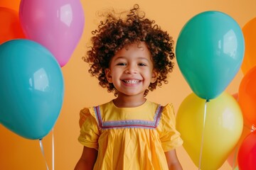 Obraz premium joyful young boy with curly hair, wearing a bright yellow dress, holding colorful balloons