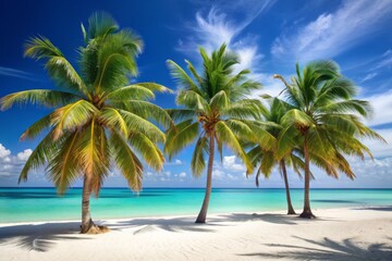 Obraz premium Serene palm trees stand tall on a pristine white sand beach, gently swaying in the breeze, overlooking the crystal-clear turquoise waters of the Arabian Sea.