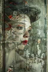 A woman's face is shown in a painting, with a red lipstick and a blue eye