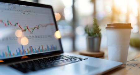 Laptop Showing Stock Market Data in Cafe