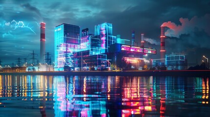 Obraz premium Electric Dreams Futuristic Waterfront Power Station Illuminated by LED Lights and Realtime Energy Storage Visualization