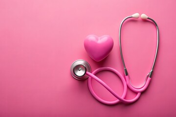 A stethoscope and a pink heart on a pink background. Space for copying. Banner design. The concept of World Health Day.