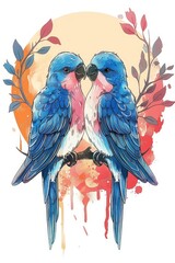 Obraz premium Romantic Blue Parrots Couple in Watercolor Style