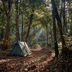 Set up a tent and sleep at a remote forest path to see Chun Khun Nam Ngao. at Mae Ngao National Park Mae Hong Son Province, Thailand