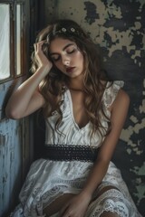 Fototapeta premium A woman in a white dress is sitting in a window
