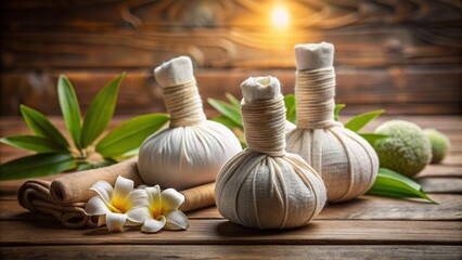 Obraz premium Softly focused still life of warm herbal compress balls arranged on a beautifully grained wooden surface, evoking a serene Thai spa ambiance of relaxation.