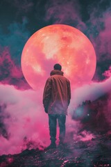 Obraz premium A man stands in front of a large red moon