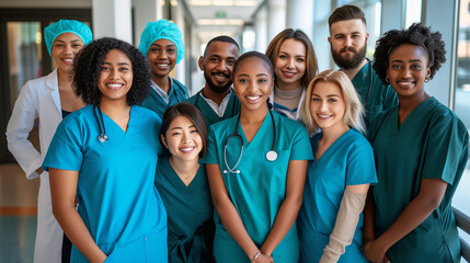Diverse medical students, male and female stand together in a hospital on their first day of training. Group of students wearing matching scrubs in medical school ready for clinical job.