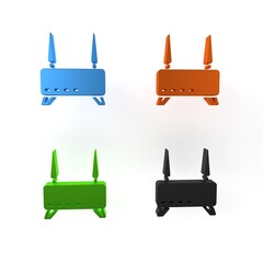 Colorful Router and wi-fi signal icon isolated on white background. Wireless ethernet modem router. Computer technology internet. Minimalism concept. 3D render illustration