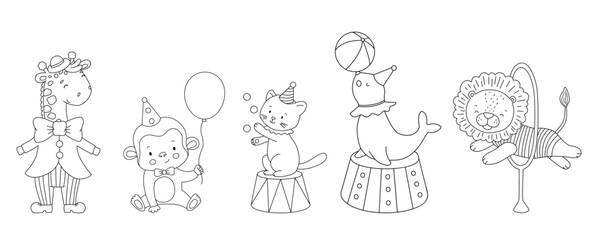 Outline cute circus funny animals. Hand drawn isolated line illustration for coloring book