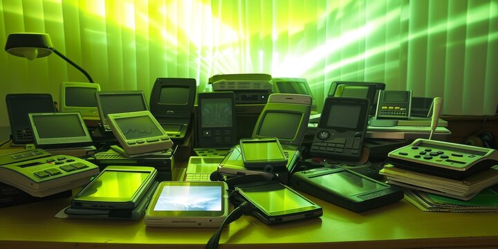 Collection of Vintage Electronic Devices in Neon Glow
