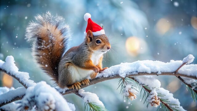 Adorable squirrel wearing a bright red festive hat sits on a snow-covered branch, surrounded by winter wonderland scenery, conveying joyful holiday cheer.