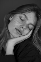 Obraz premium A woman with a messy hairdo is sleeping on her right hand