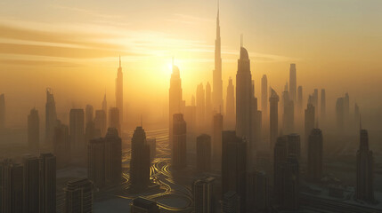 Fototapeta premium Dubai cityscape featuring an amazing city center skyline with luxury skyscrapers at sunrise in the United Arab Emirate