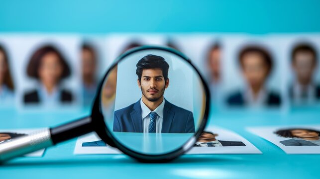 candidate evaluation, thorough candidate evaluation using a magnifying glass to identify top performers, demonstrating a meticulous selection process in recruitment