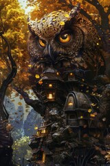A large owl is perched on a tree next to a small house