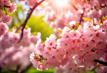 Fototapeta premium vibrant blossoming cherry trees full bloom during springtime delicate pink flowers lush greenery, nature, outdoor, scenery, seasonal, petal, garden, botanical