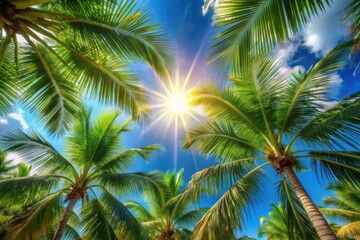 Soft focus captures warm sunbeams dancing through swaying palm fronds against a brilliant blue sky, evoking a serene and idyllic tropical summer paradise atmosphere.