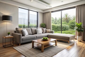 Sleek modern living room with comfortable sofa, coffee table, and large window, cooled to perfection by a silent air conditioning unit on the wall.